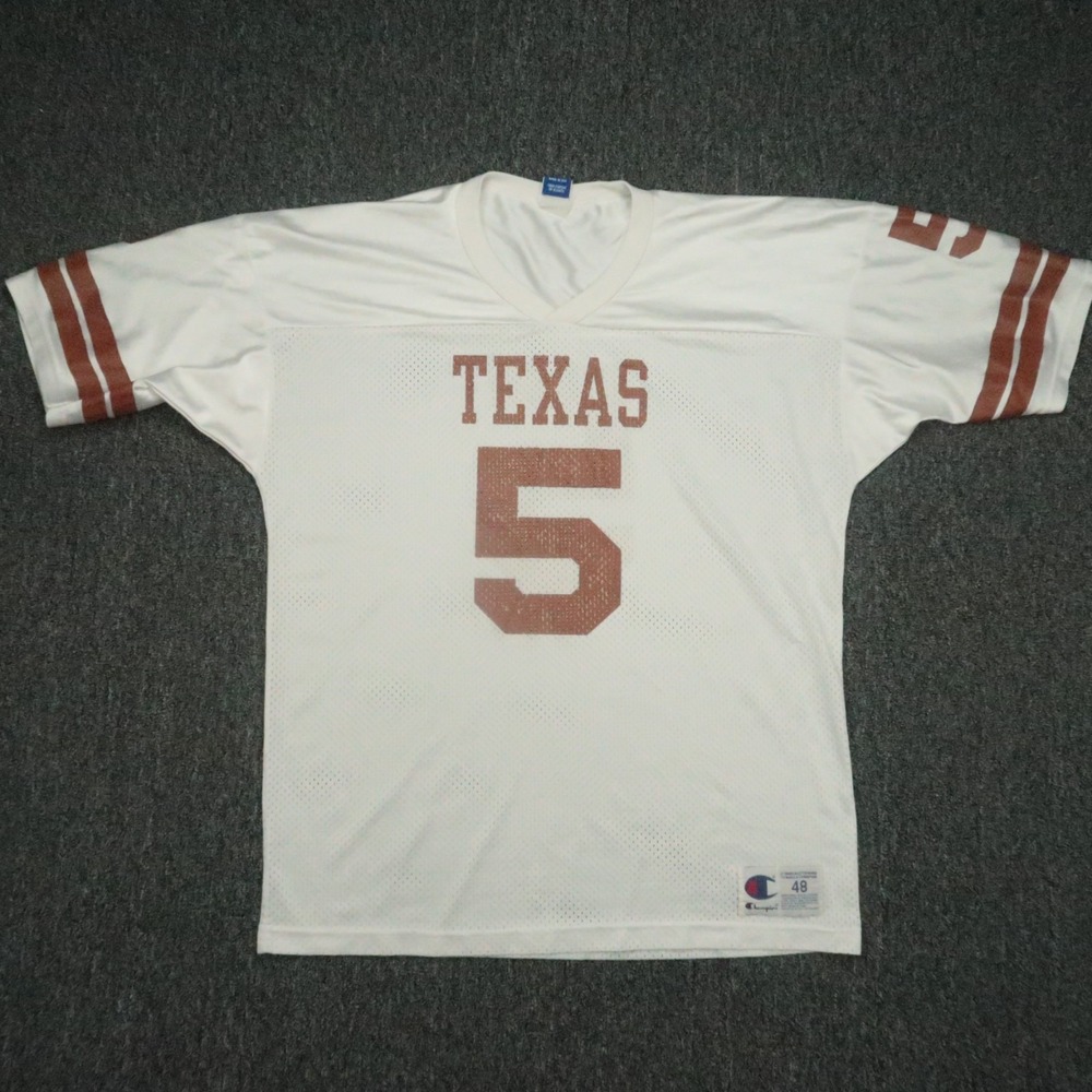 VINTAGE Texas Longhorns Jersey Mens 48 White Champion Football Mesh USA #5
